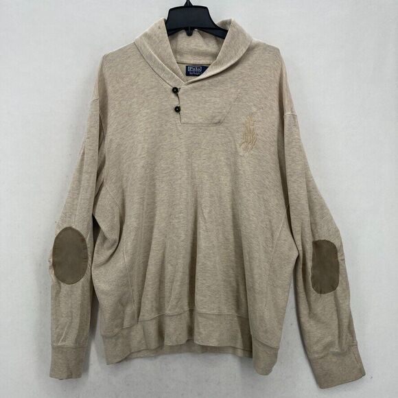Polo by Ralph Lauren Other - Polo Ralph Lauren Sweatshirt Mens XL Beige Shawl Collar Elbow Patches Big Pony‎
